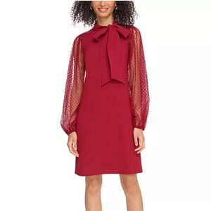 Vince Camuto Mesh‎ Dot Sleeve Tie Neck Shift Dress Bordeaux Red 8 Petite